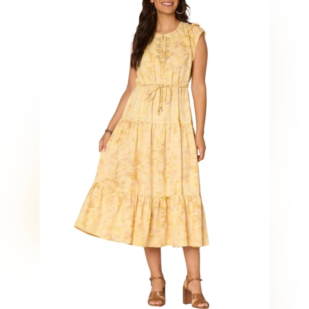 Democracy GUC Canary Yellow Floral Midi Dress With Tassels Sz M